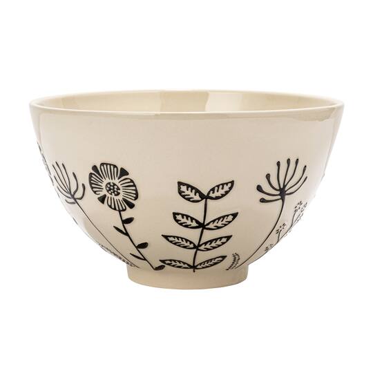 Hello Honey® 12" Cream & Black Embossed Flowers Hand-Painted Stoneware Serving Bowl